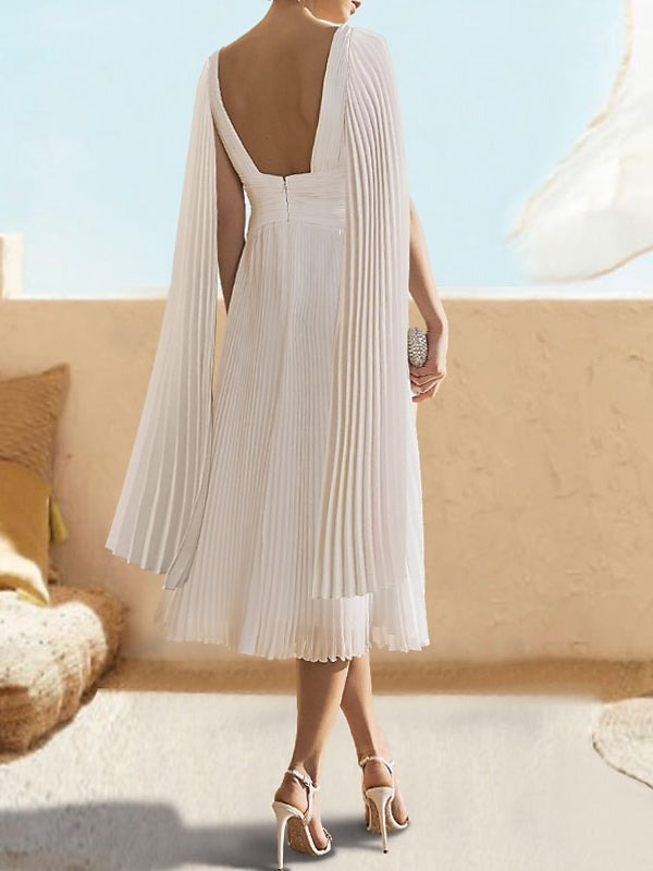 A-Line/Princess V-Neck Floor-Length Tea-Length Cocktail Dress With Watteau Train