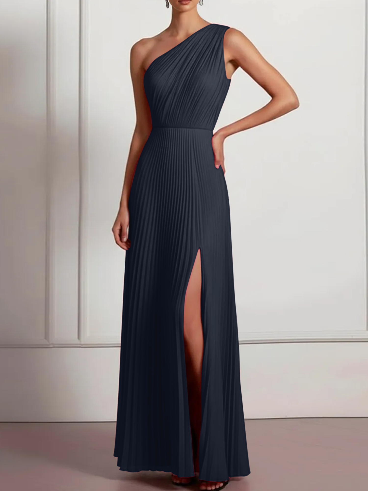 Blush Formal Party Dress One Shoulder Pleated Maxi Dress with Slit