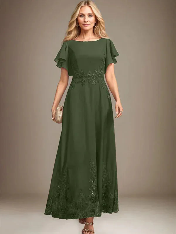 A-line Scoop Ankle-Length Lace Chiffon Mother of the Bride Dress With Sequins
