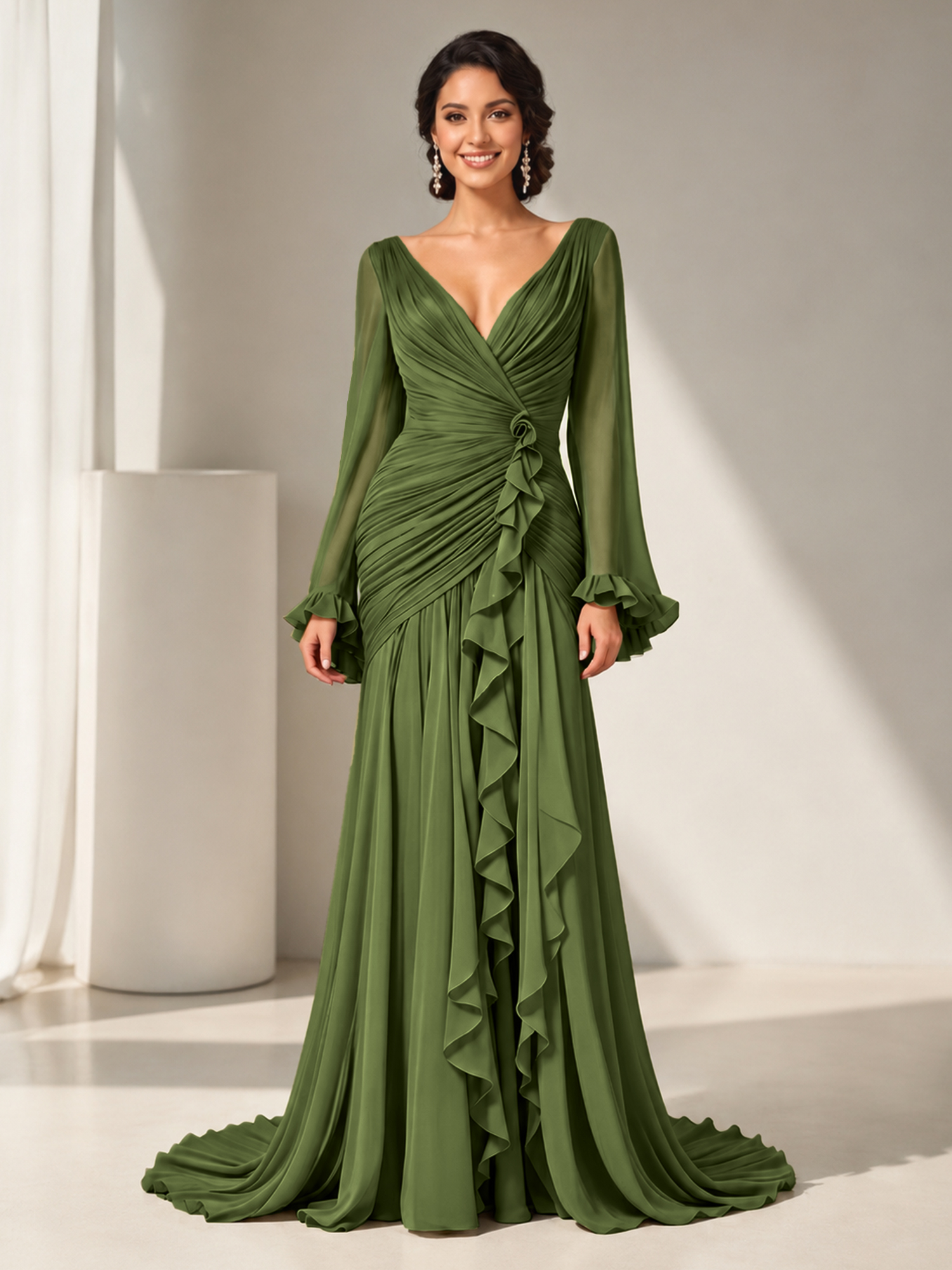 Sophisticated Ruched Chiffon V-Neck Gown with Cascading Ruffles