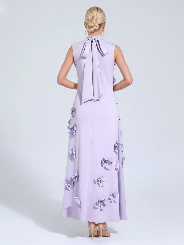 A Line High Neck Sleeveless Floor Length Stretch Crepe Dress With 3D Flowers