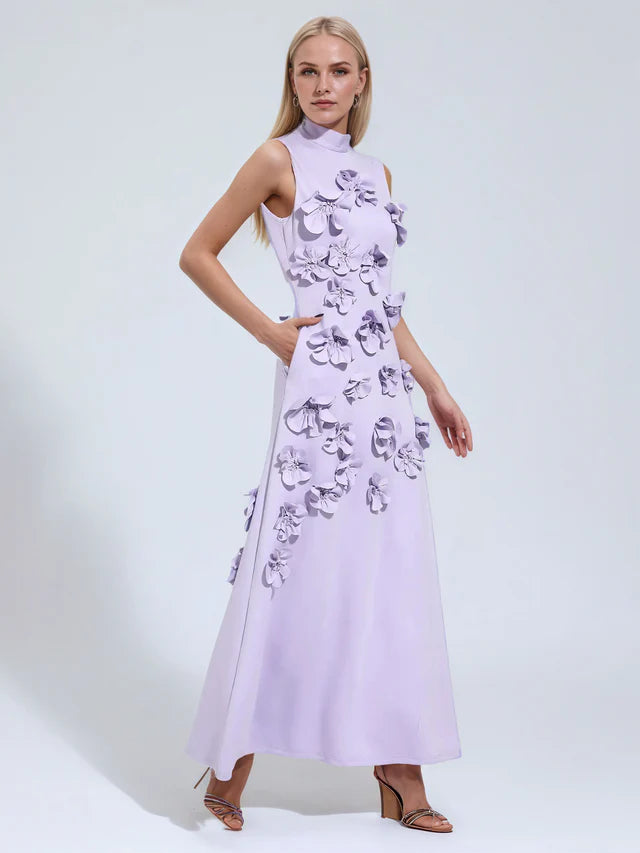 A Line High Neck Sleeveless Floor Length Stretch Crepe Dress With 3D Flowers