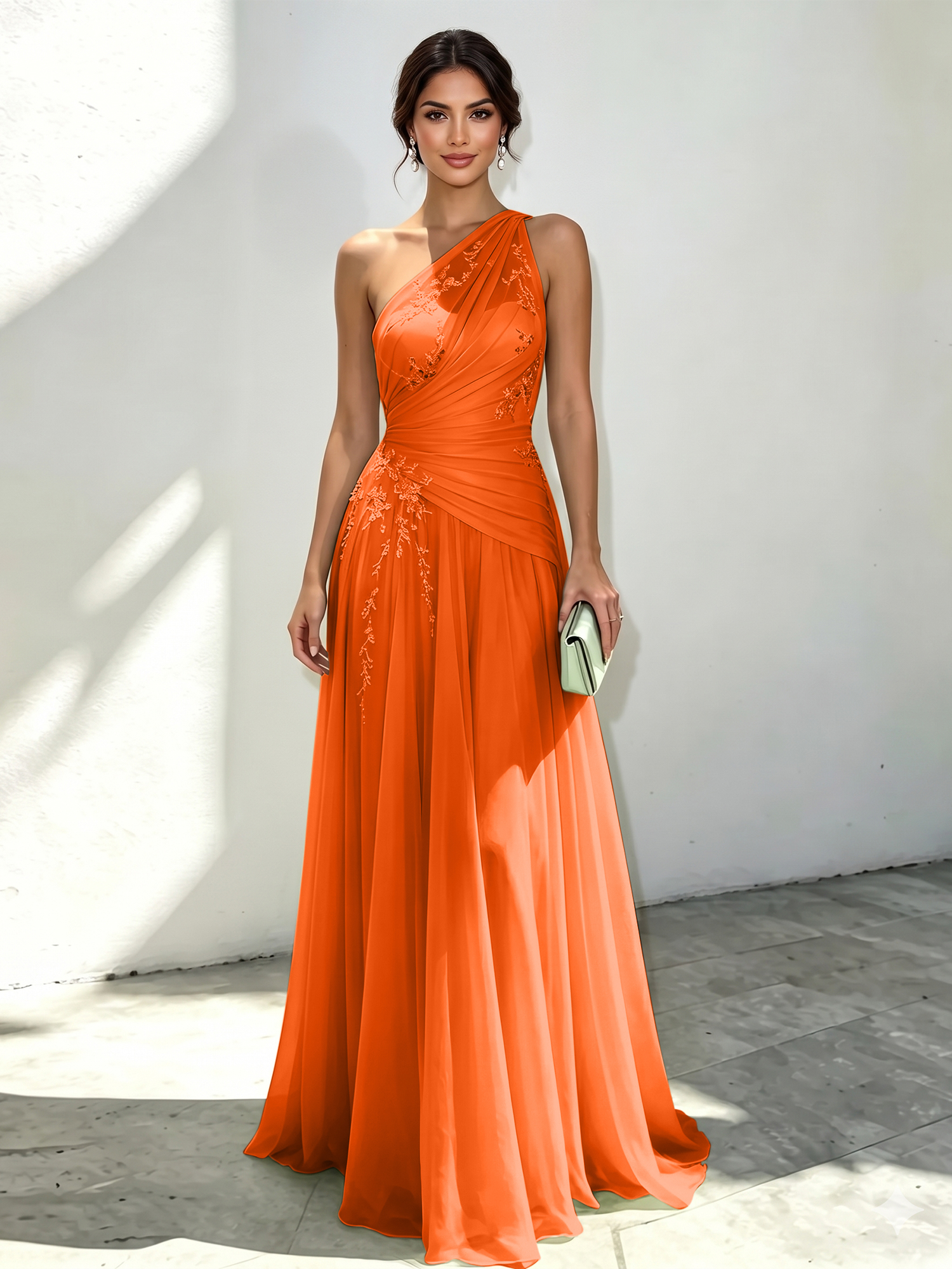 Mint Green Applique 3D Floral Chiffon One Shoulder Sleeveless A-Line Floor Length Dress