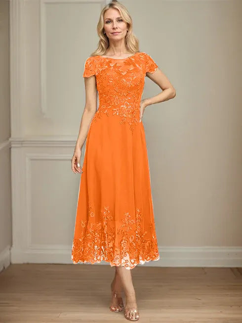 A-line Illusion Scoop Tea-Length Lace Chiffon Mother of the Bride Dress With Sequins