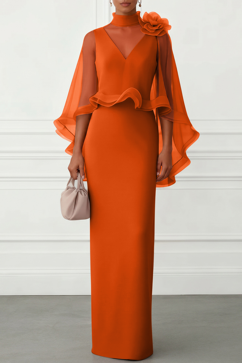 Nudepink 3D Floral Mesh Classic Mock Neck Half Sleeve Sheath Floor-length Gown Dress