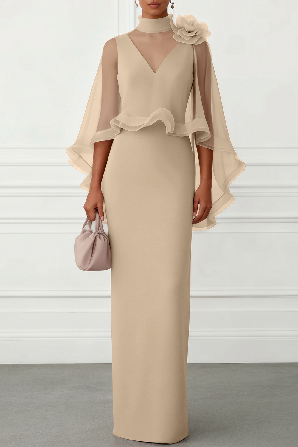 Nudepink 3D Floral Mesh Classic Mock Neck Half Sleeve Sheath Floor-length Gown Dress
