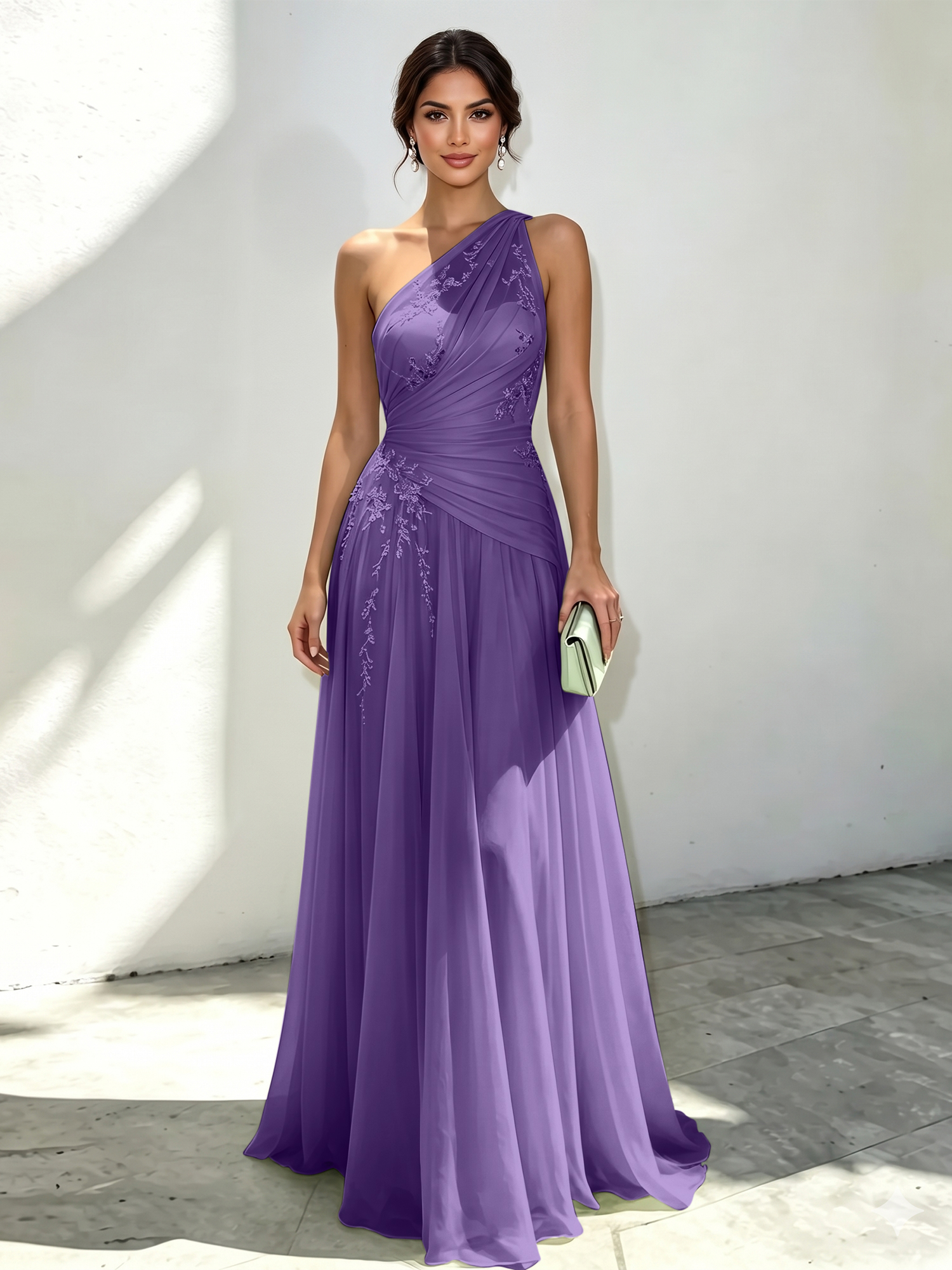 Mint Green Applique 3D Floral Chiffon One Shoulder Sleeveless A-Line Floor Length Dress