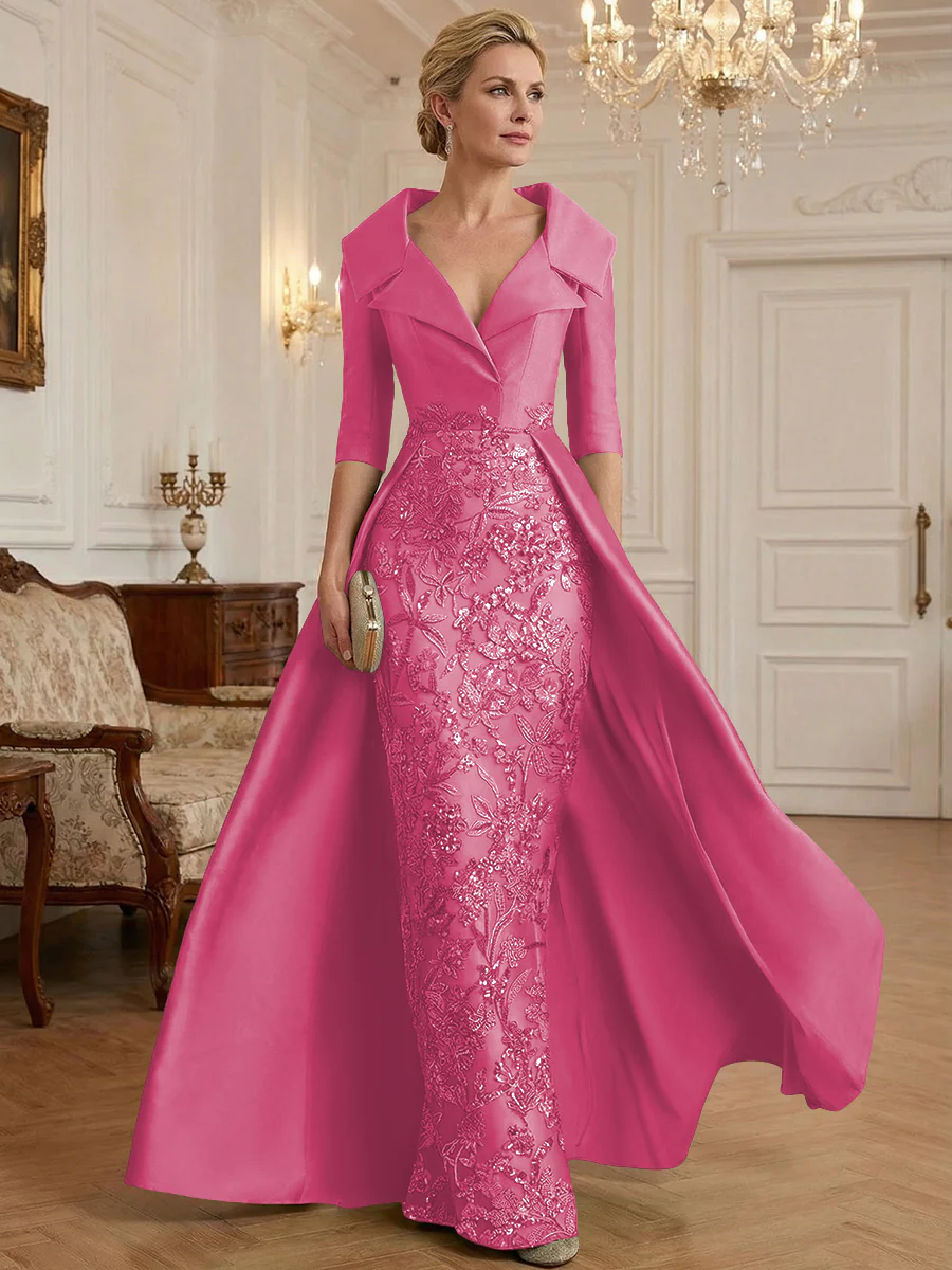 Sheath V Neck 3/4 Sleeve Sequined Mother of the Bride Dresses with Appliques