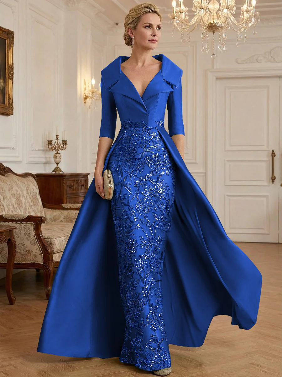 Sheath V Neck 3/4 Sleeve Sequined Mother of the Bride Dresses with Appliques