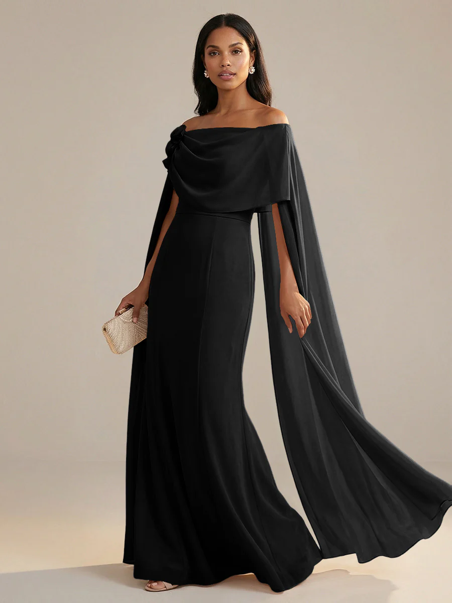 A-Line Chiffon Off-Shoulder Drape Floor-Length Mother of the Bride Dresses with Applique