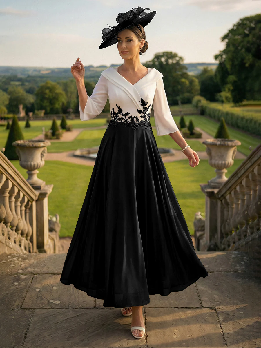 A-Line V-Neck Ankle-Length Mother of the Bride Dresses with Lace Appliques