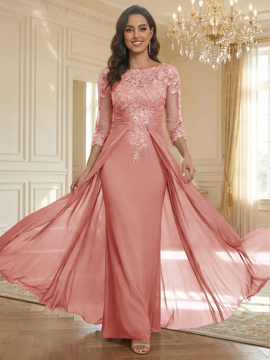 Sheath Scoop Neck 3/4 Sleeve Floor-Length Mother of the Bride Dresses with Lace Appliques