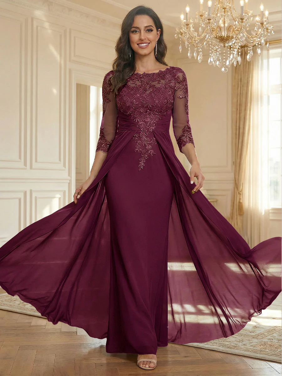 Sheath Scoop Neck 3/4 Sleeve Floor-Length Mother of the Bride Dresses with Lace Appliques