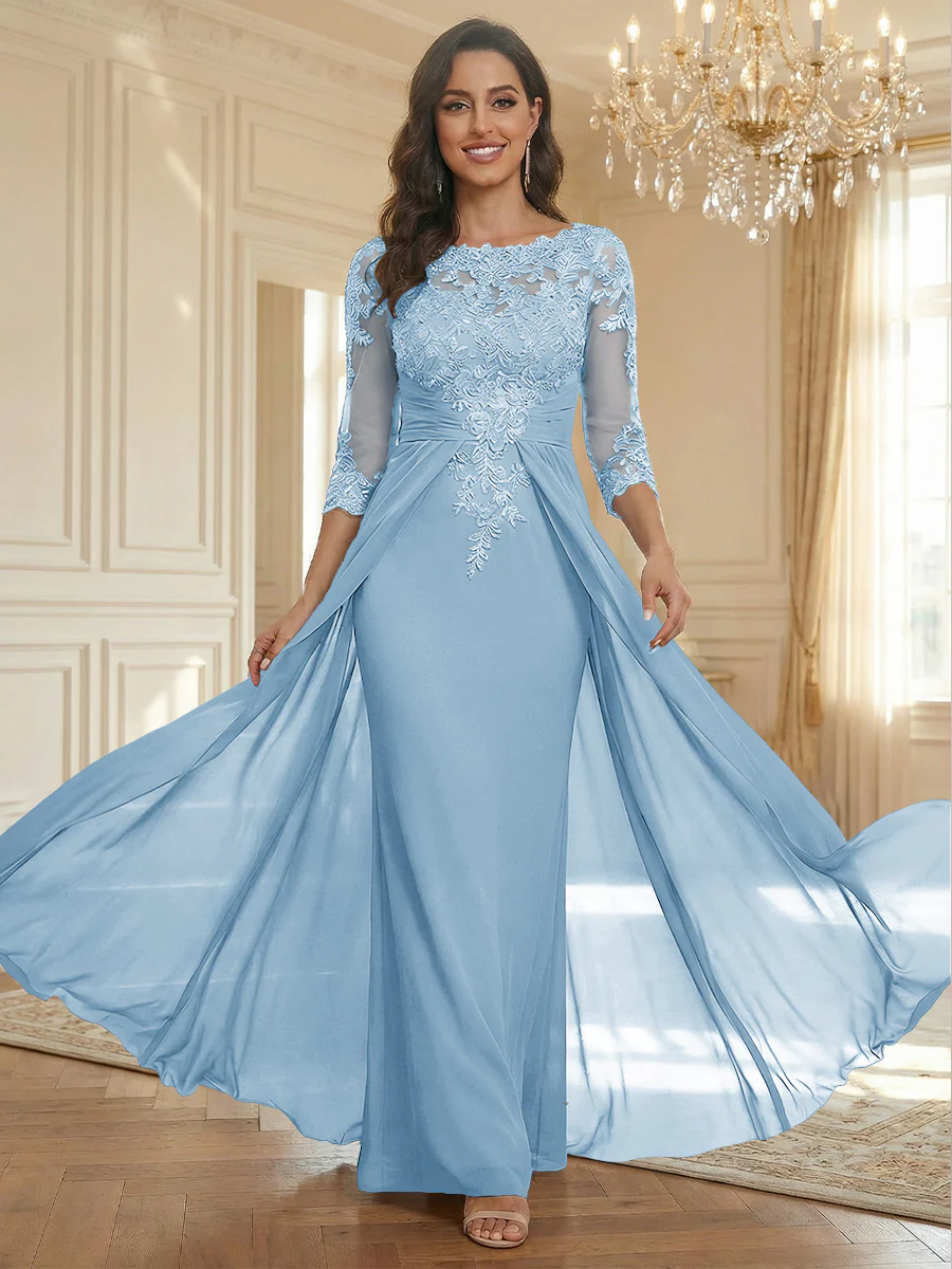 Sheath Scoop Neck 3/4 Sleeve Floor-Length Mother of the Bride Dresses with Lace Appliques