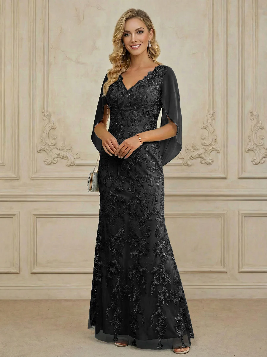 Mermaid V Neck Cape Sleeve Lace Applique Floor Length Mother of the Bride Dresses