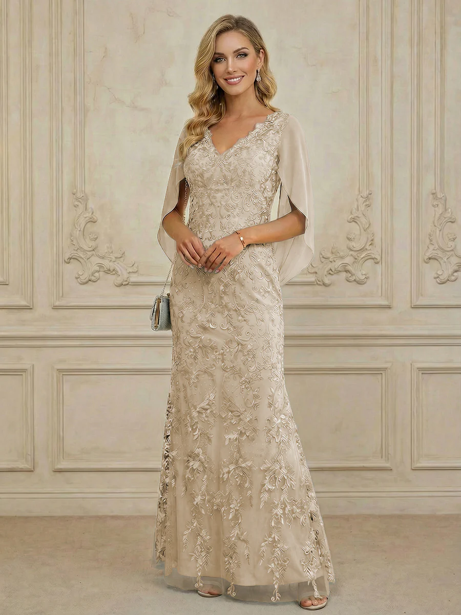 Mermaid V Neck Cape Sleeve Lace Applique Floor Length Mother of the Bride Dresses