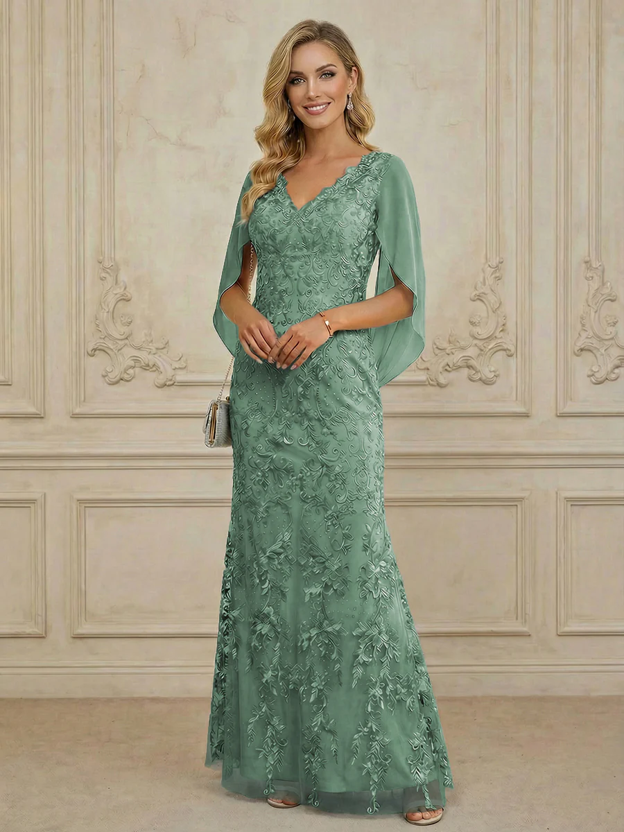 Mermaid V Neck Cape Sleeve Lace Applique Floor Length Mother of the Bride Dresses