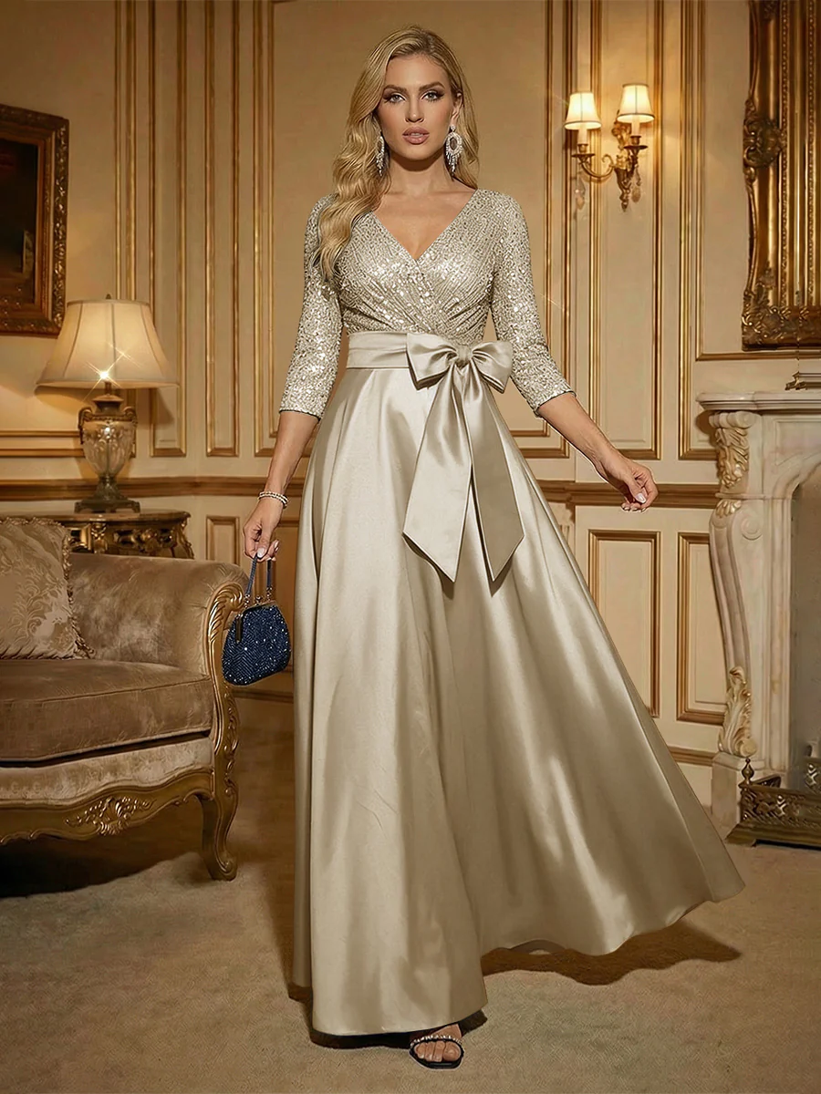 A Line 3/4 Sleeve Floor Length Mixed Mother of the Bride Dresses with Bow