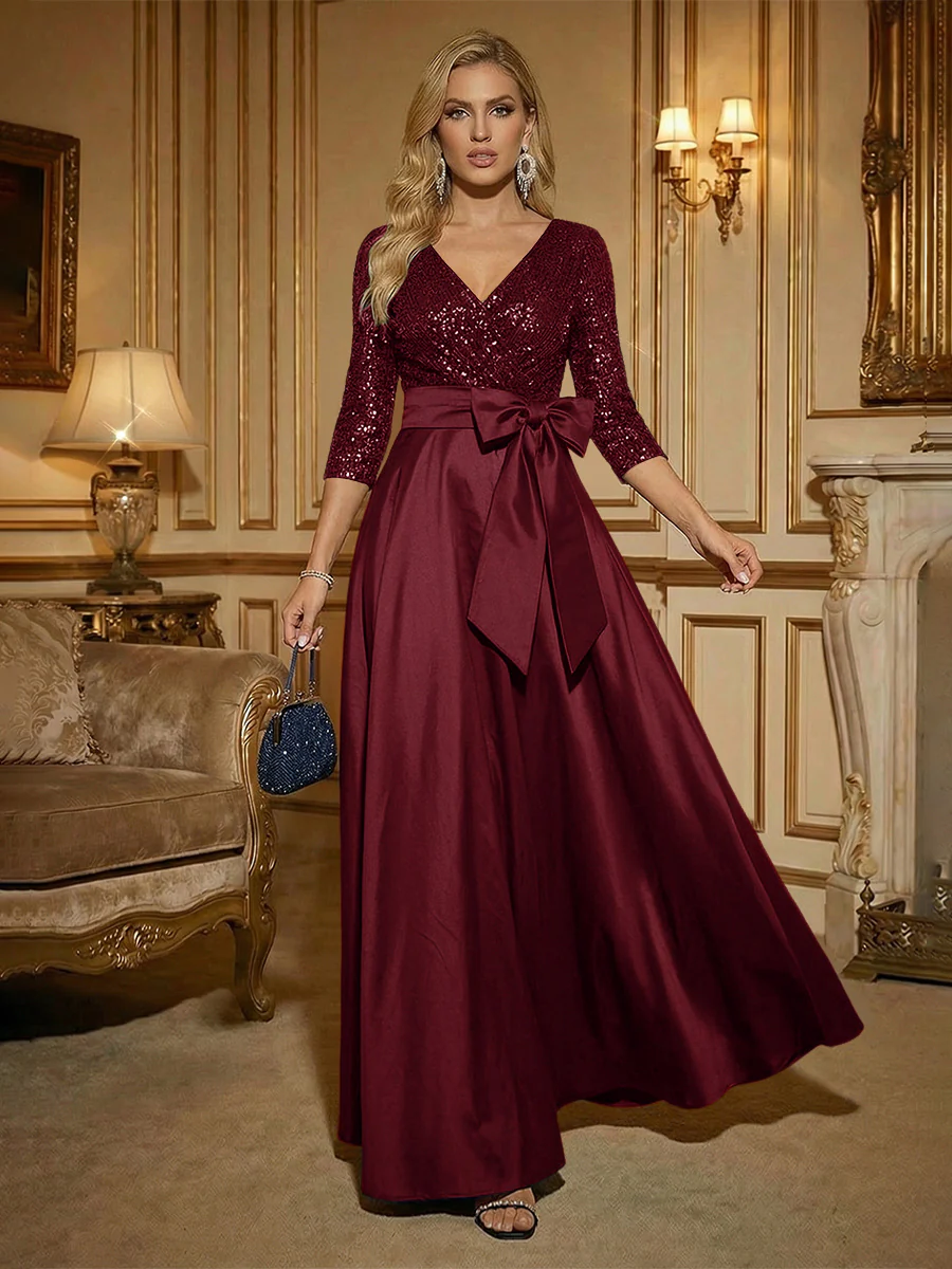 A Line 3/4 Sleeve Floor Length Mixed Mother of the Bride Dresses with Bow