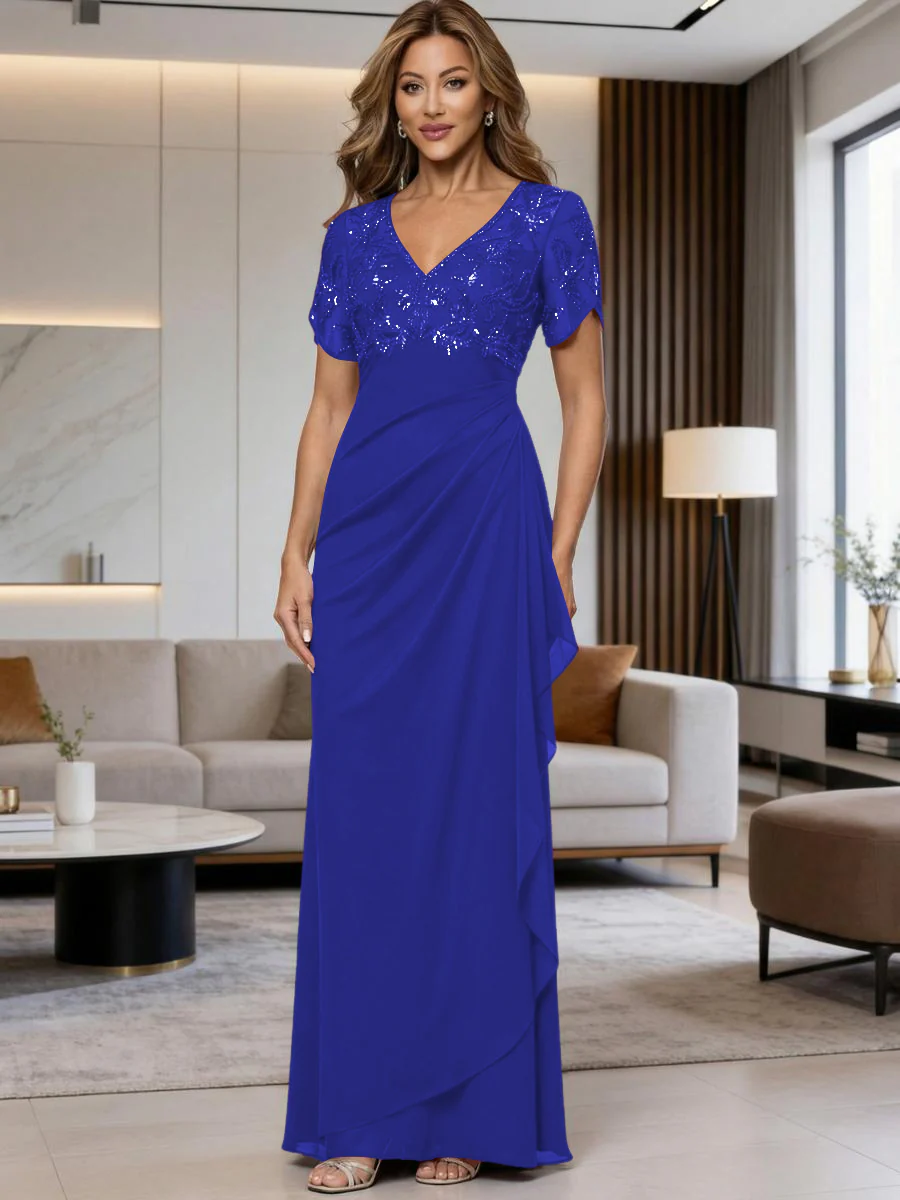 A-Line Chiffon V-Neck Short Sleeve Mother of the Bride Dresses Floor-Length with Sequin Appliques