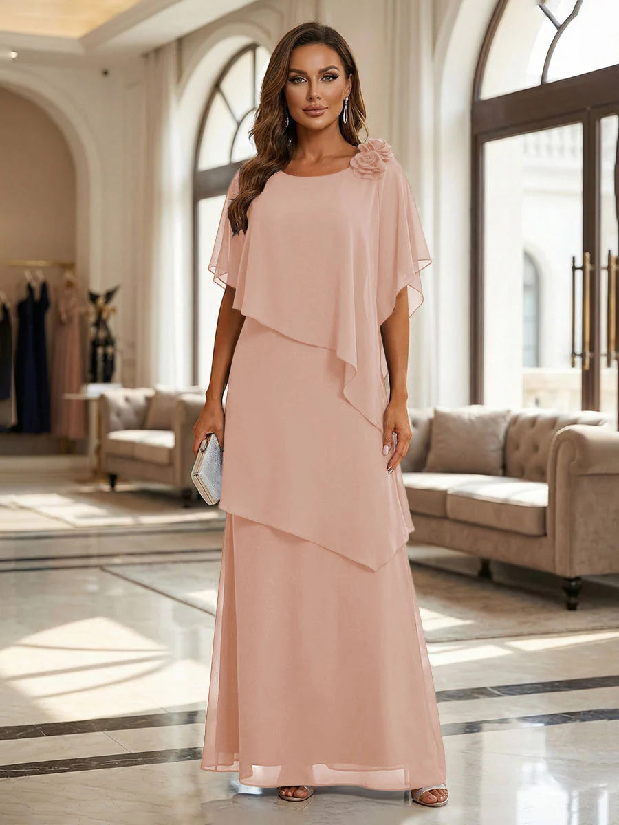 A-Line Floor-Length Chiffon Cape Sleeves Mother of the Bride & Groom Dresses with Tiered Ruffles