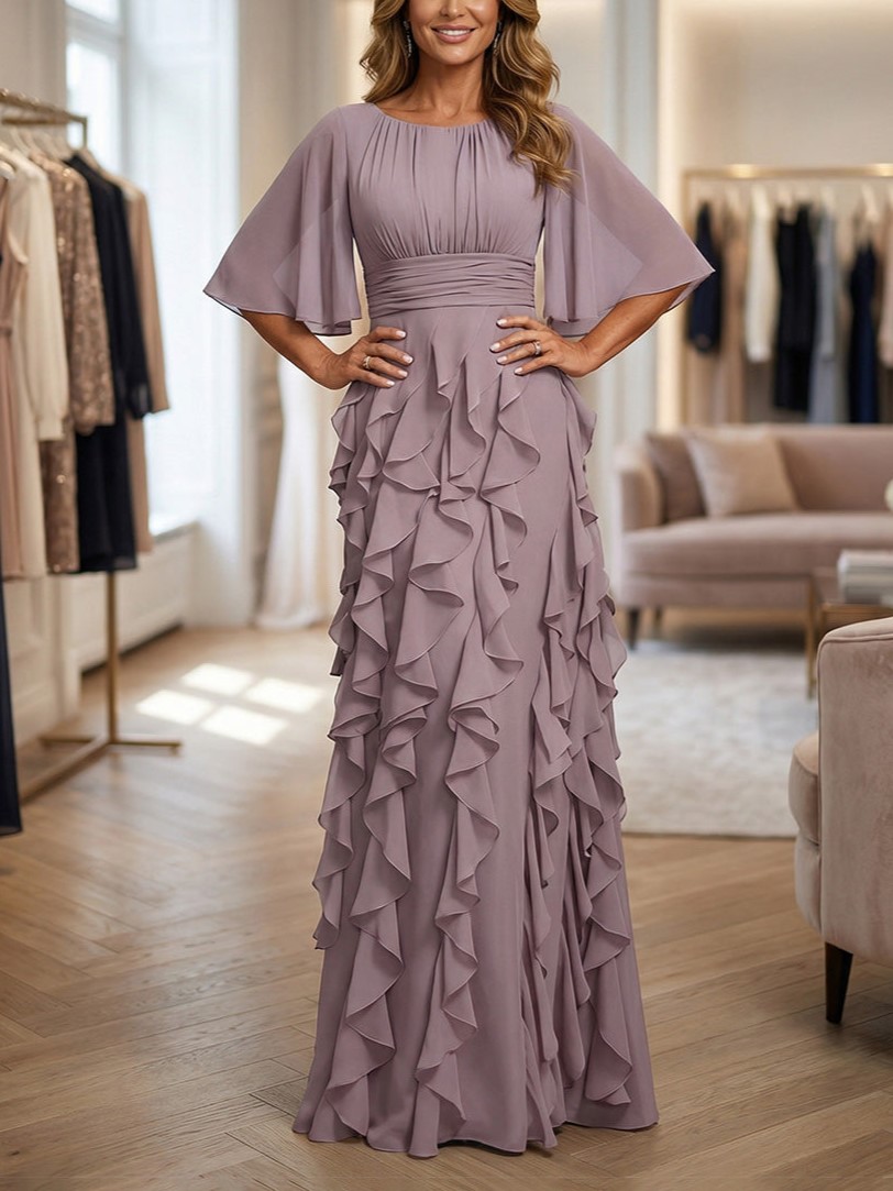 A-Line Chiffon Tiered Ruffles Ruched Waist Maxi Dress