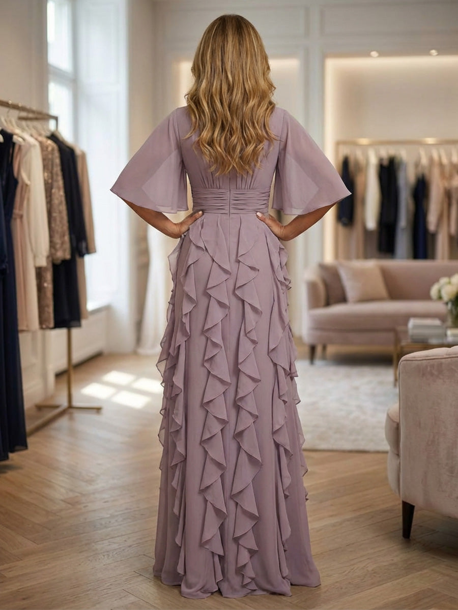 A-Line Chiffon Tiered Ruffles Ruched Waist Maxi Dress