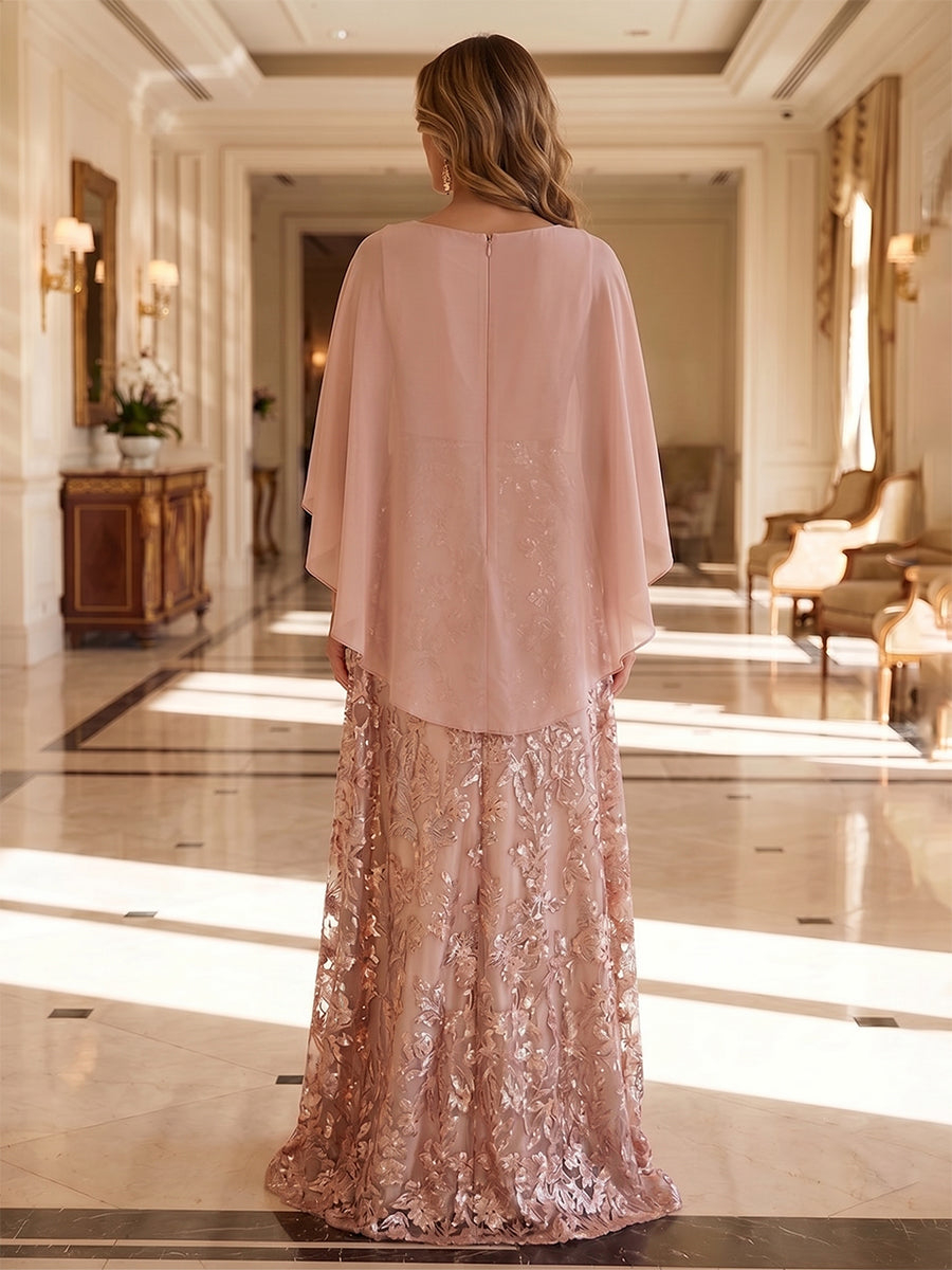 Sequin Floral Sheath Neck With Chiffon Cape Maxi Dress