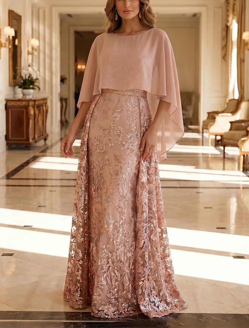 Sequin Floral Sheath Neck With Chiffon Cape Maxi Dress