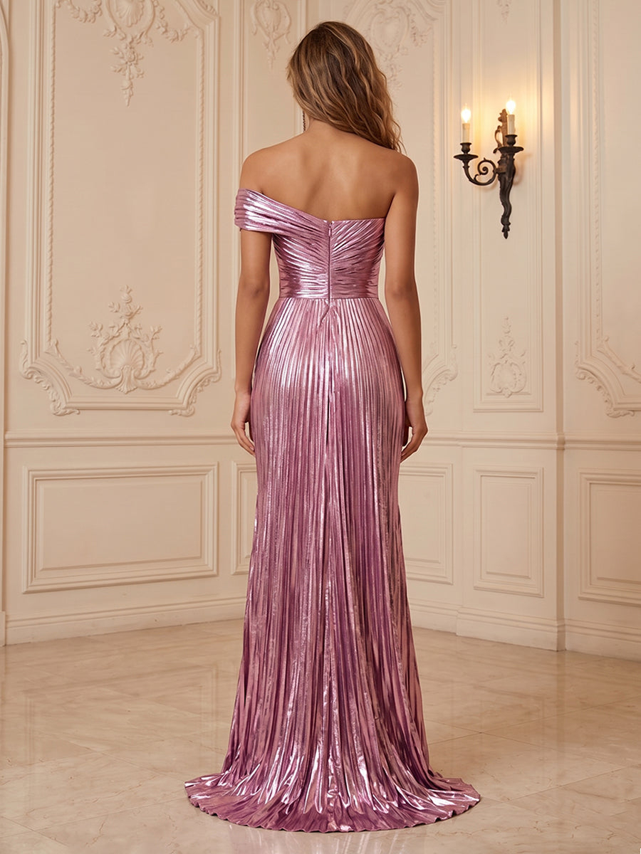 Metallic Satin Sheath One Shoulder with Pleats & Slit Maxi Dress