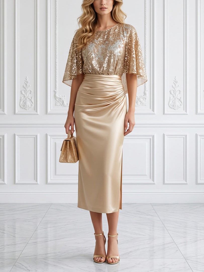 Satin Sheath Scoop Neck Ruched Waist Cocktail Midi Dress