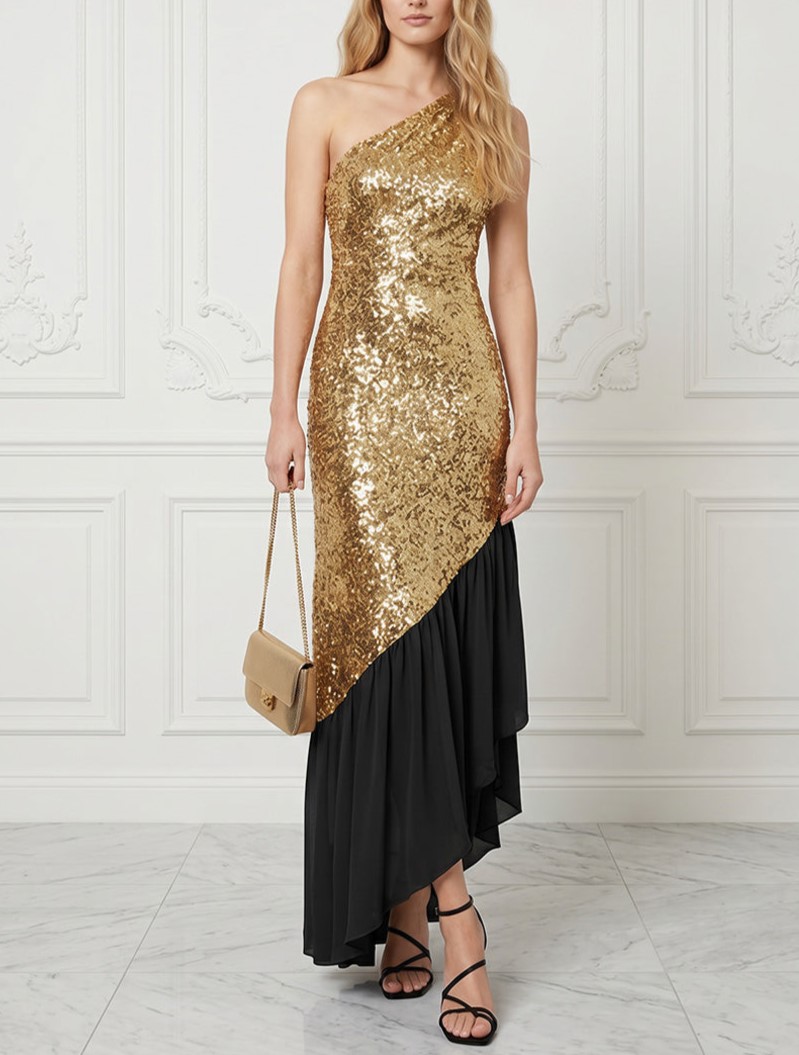 Sequin Mermaid One Shoulder with Ruffles Cocktail Maxi Dress