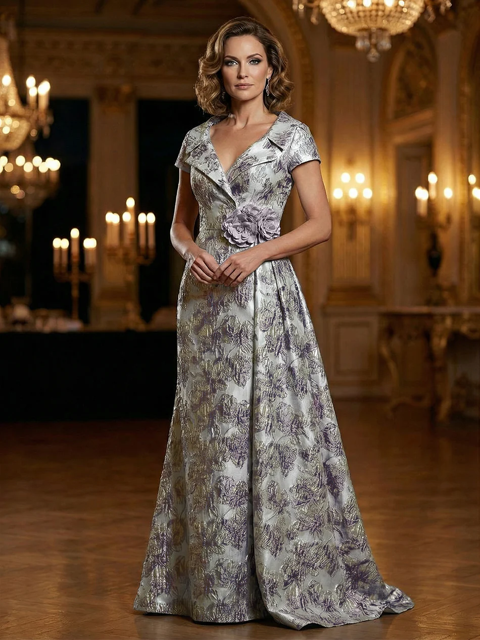 Floral Jacquard A-Line V-Neck Short Sleeve Maxi Mother of the Bride Dresses with 3D Flower