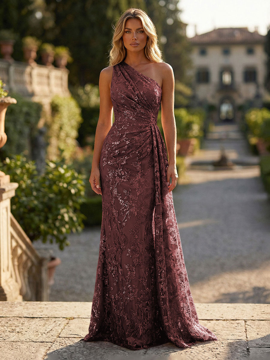 Floral Lace Embroidered One Shoulder Ruched Waist Side Train Maxi Dress