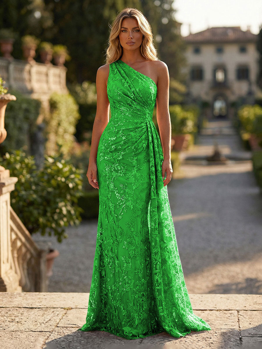 Floral Lace Embroidered One Shoulder Ruched Waist Side Train Maxi Dress