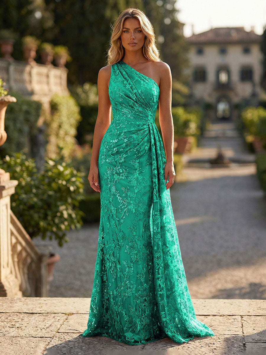 Floral Lace Embroidered One Shoulder Ruched Waist Side Train Maxi Dress