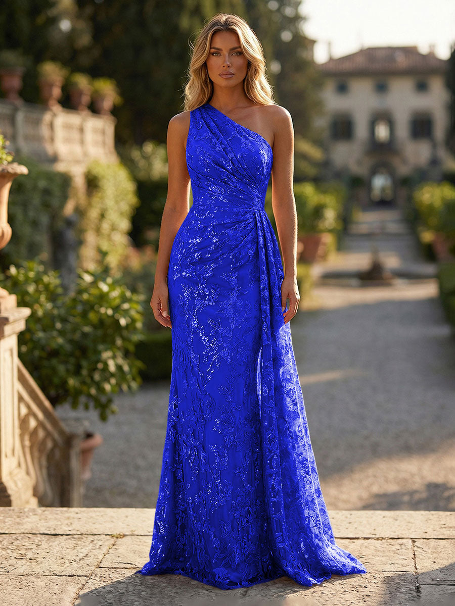 Floral Lace Embroidered One Shoulder Ruched Waist Side Train Maxi Dress