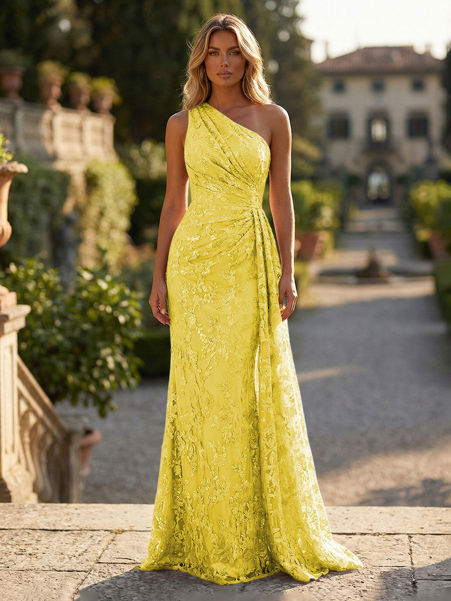 Floral Lace Embroidered One Shoulder Ruched Waist Side Train Maxi Dress