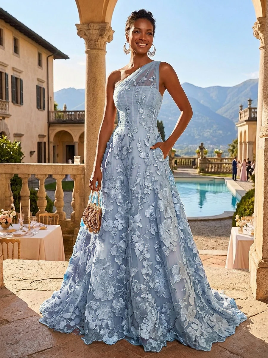 A-Line One Shoulder Floral Appliques Evening Dresses with Sweep Train