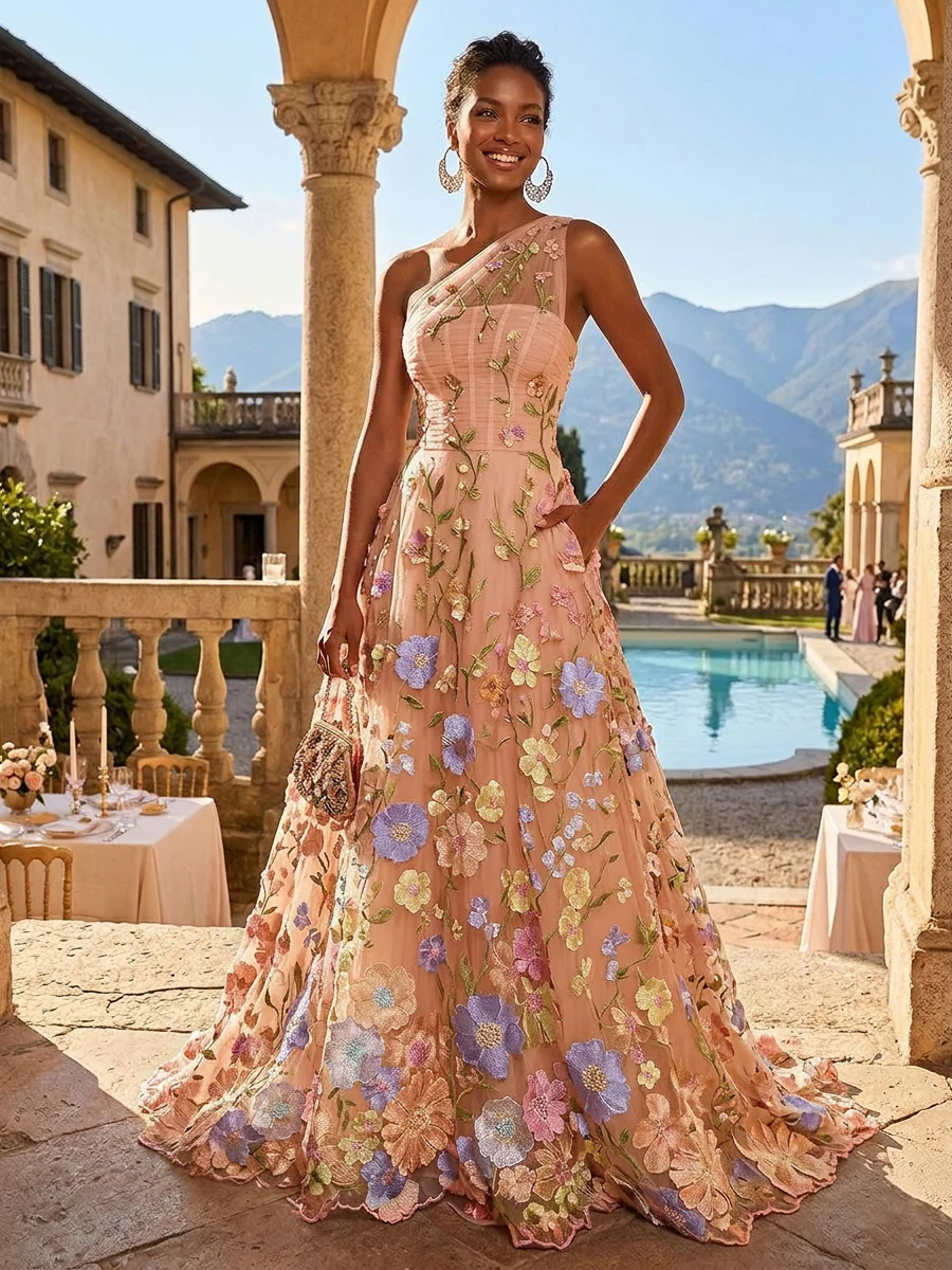 A-Line One Shoulder Floral Appliques Evening Dresses with Sweep Train