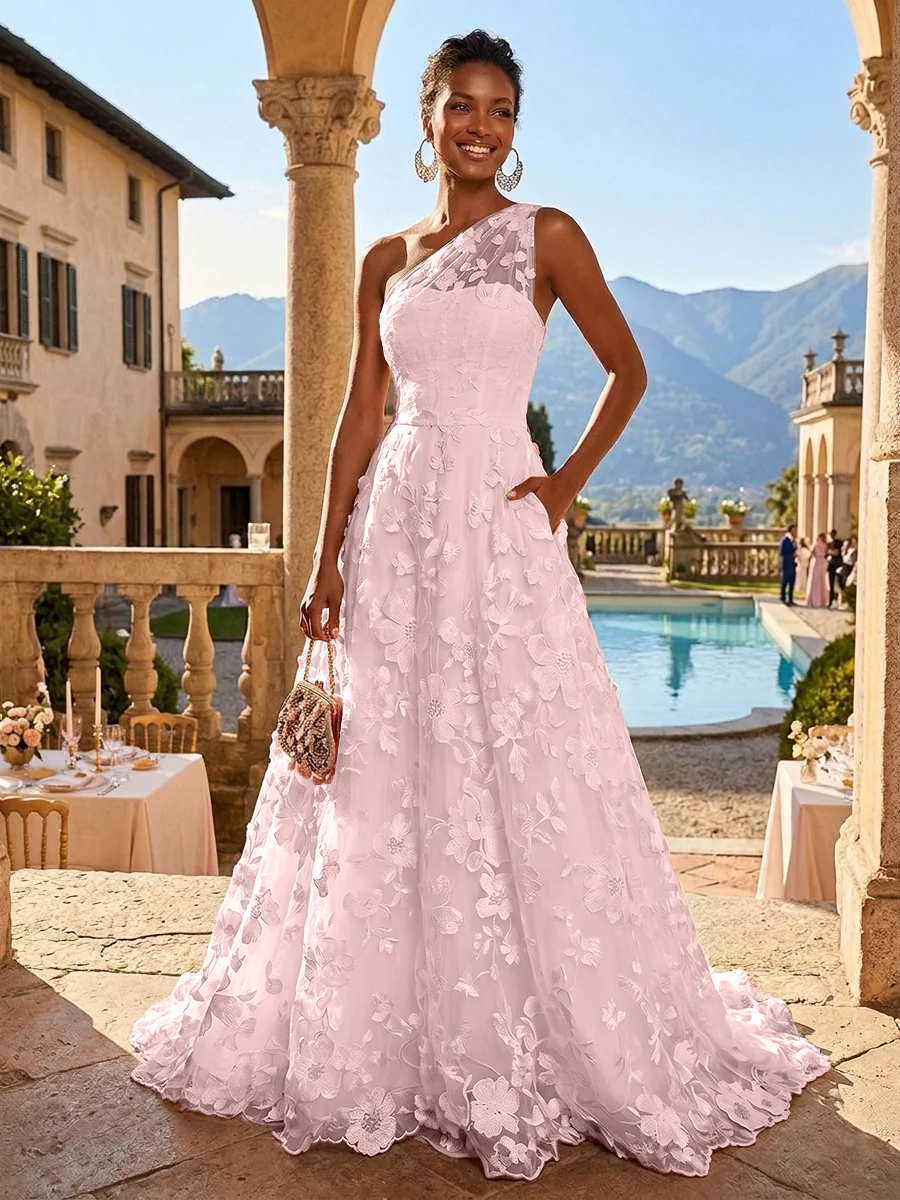 A-Line One Shoulder Floral Appliques Evening Dresses with Sweep Train