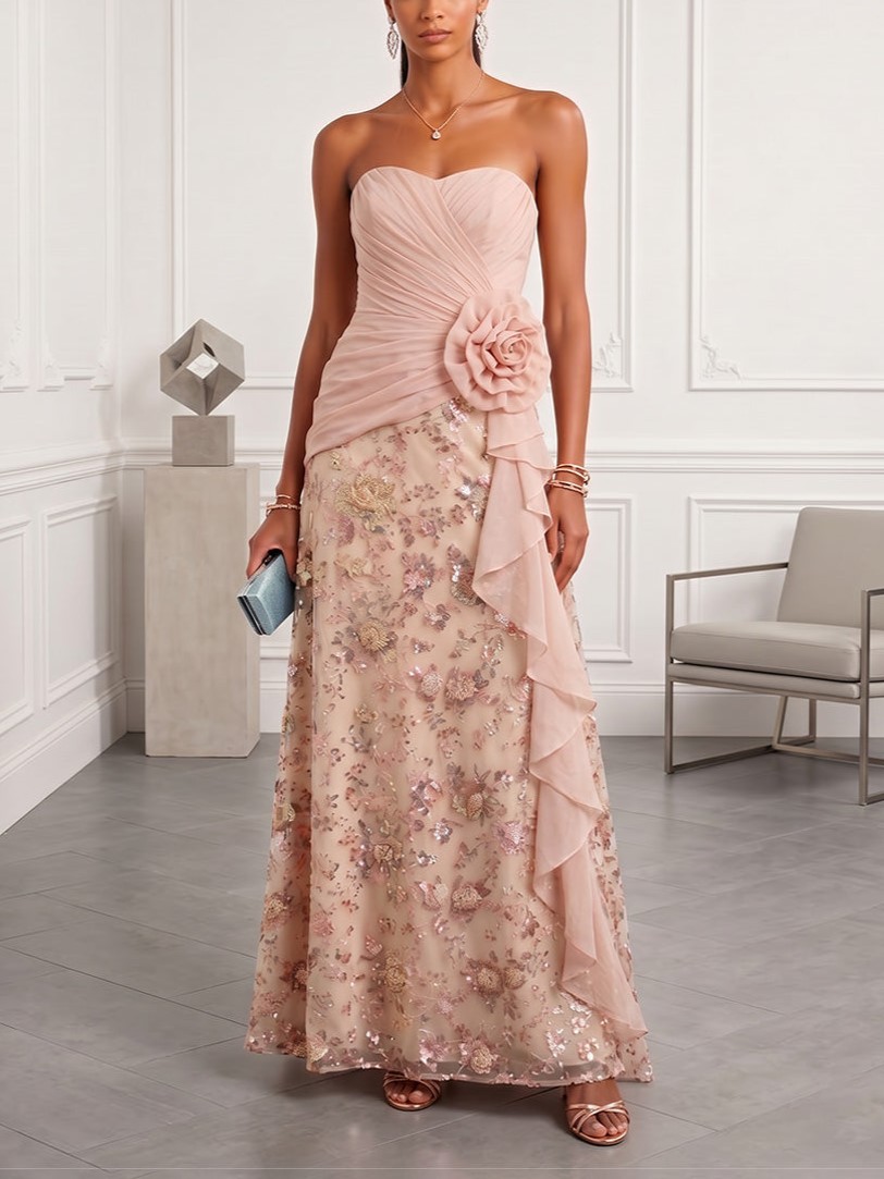 Sequin Floral A-Line Strapless with Ruffles Maxi Dress