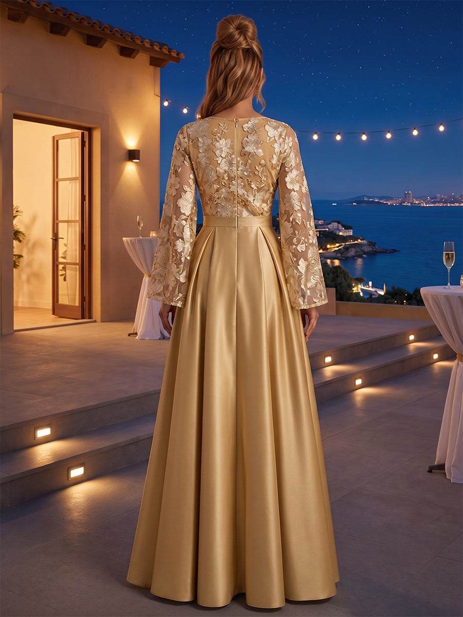 Satin A-Line Scoop Neck with Lace Appliques Bodice & Pleats Maxi Dress