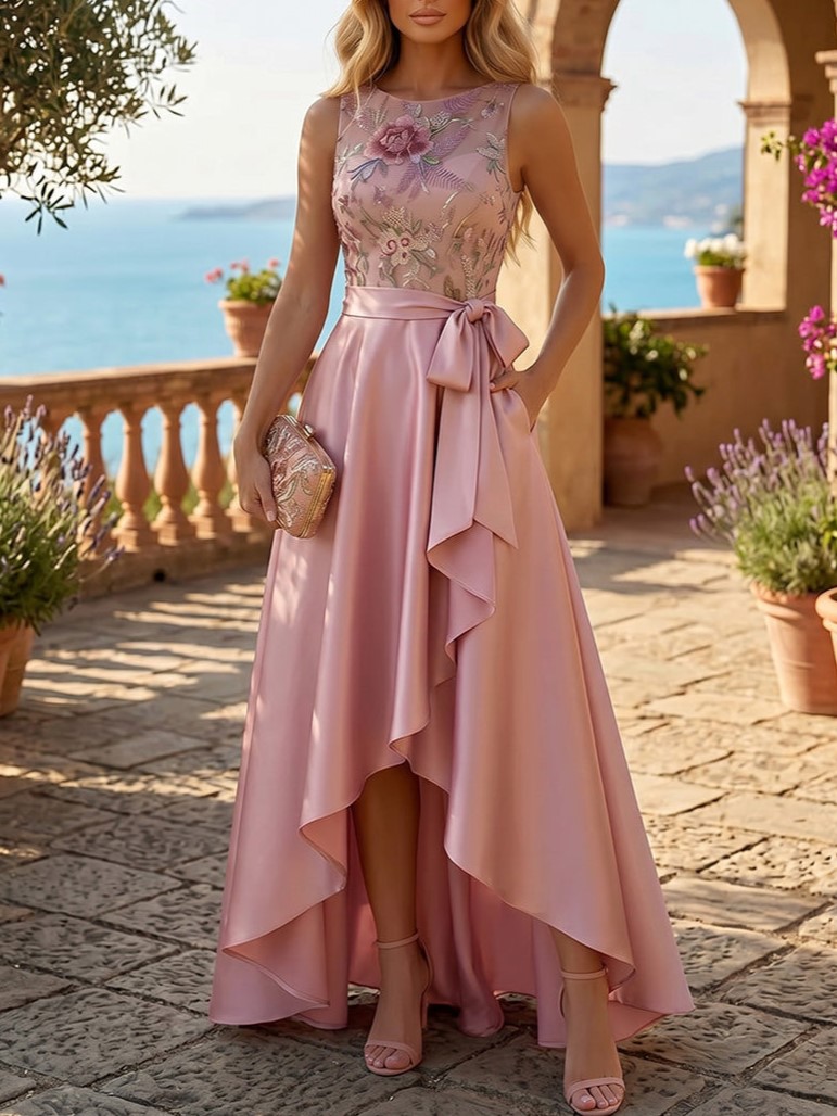 Satin A-Line High-Low with Floral Embroidery Bodice & Ruffles Maxi Dress