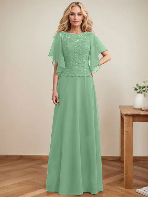 A-line Scoop Illusion Floor-Length Lace Chiffon Mother of the Bride Dress With Sequins