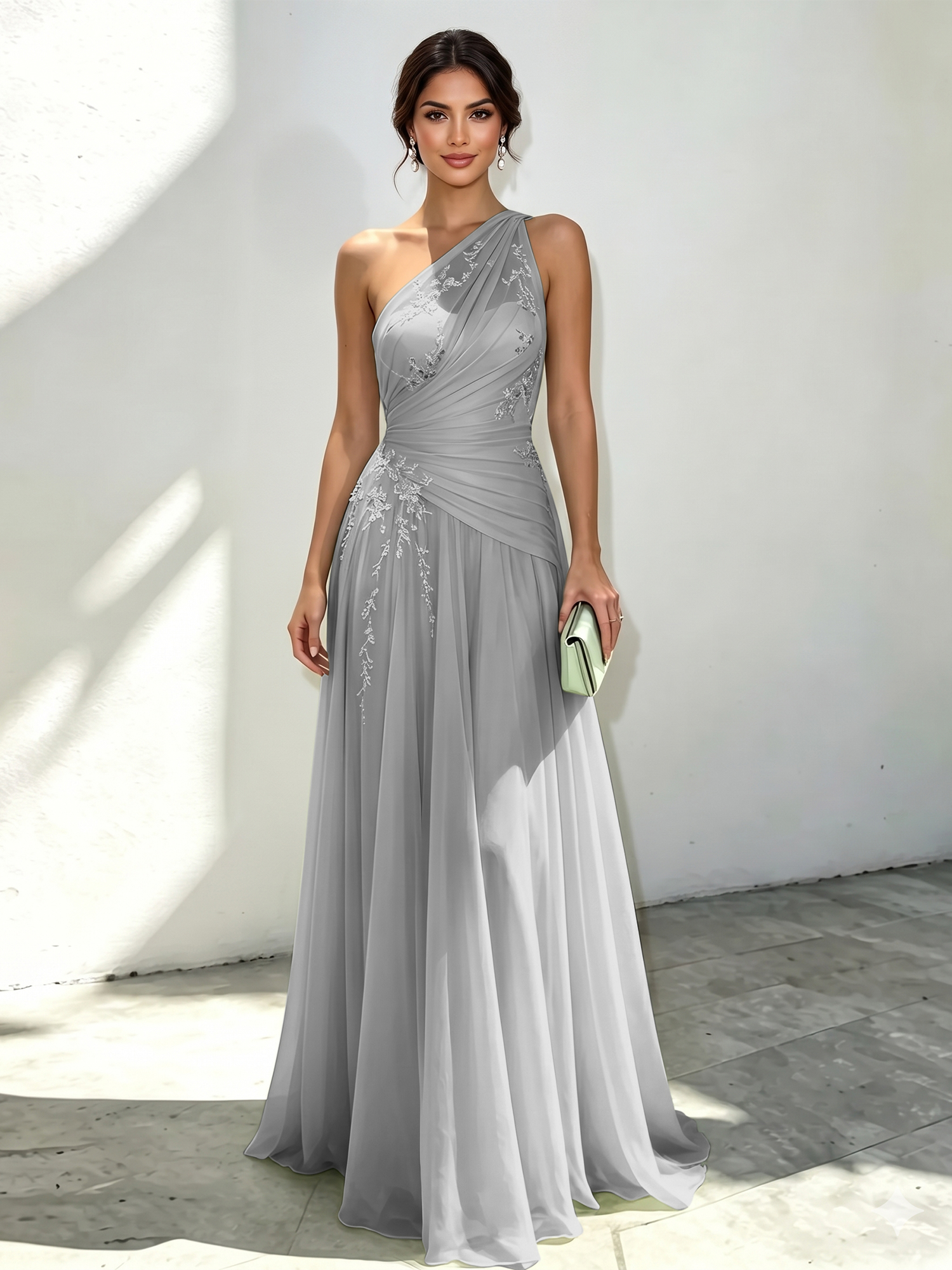 Mint Green Applique 3D Floral Chiffon One Shoulder Sleeveless A-Line Floor Length Dress