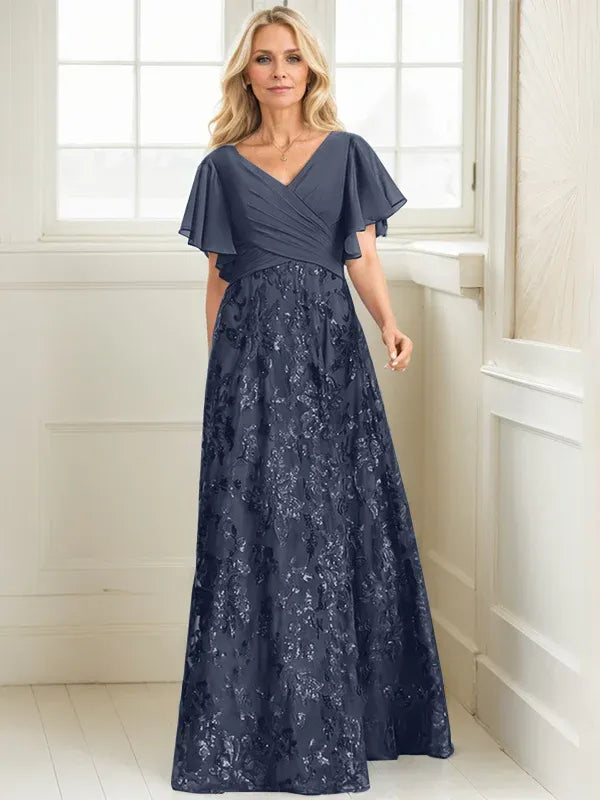 A-line V-Neck Floor-Length Lace Sequin Chiffon Mother of the Bride Dress With Pleated
