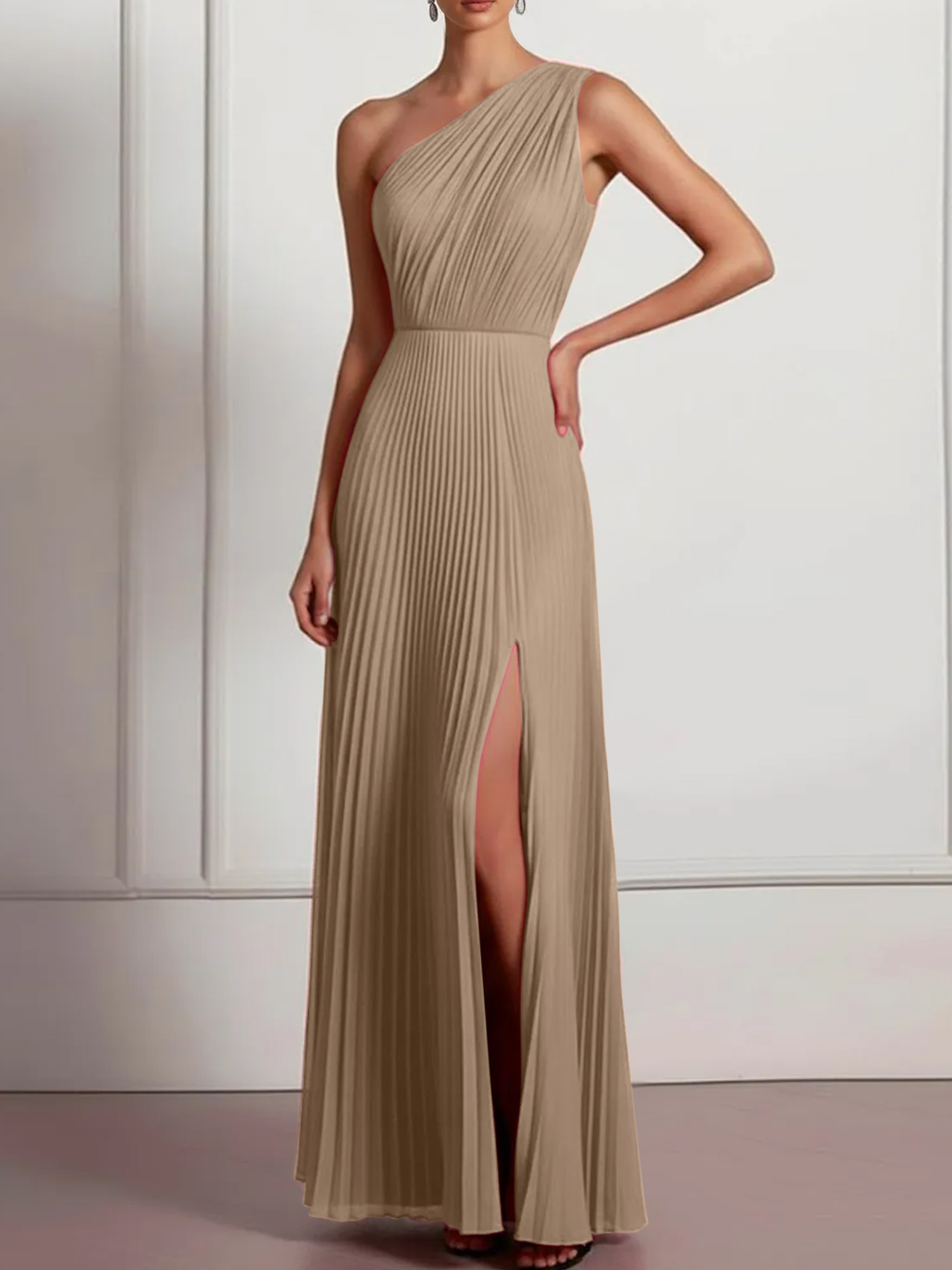 Blush Formal Party Dress One Shoulder Pleated Maxi Dress with Slit