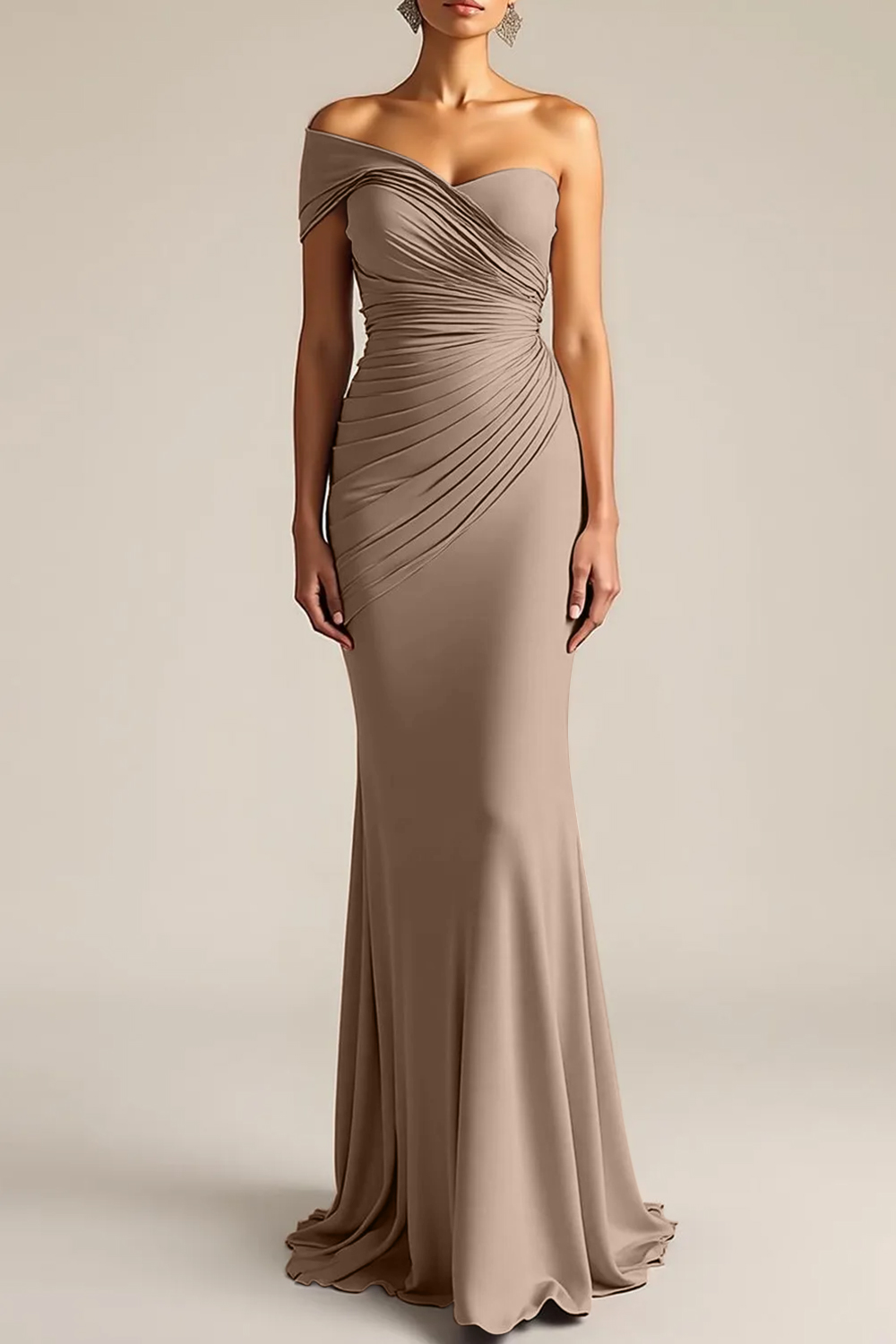 Formal Dress Light Khaki Sheath One Shoulder Maxi Dress