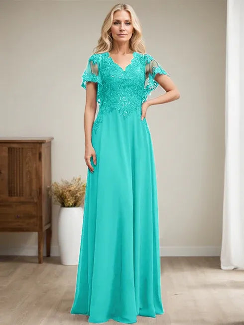 A-line V-Neck Floor-Length Lace Chiffon Mother of the Bride Dress With Sequins